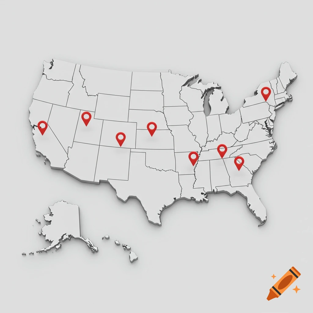 A 3D render of the United States map with several red location pins.