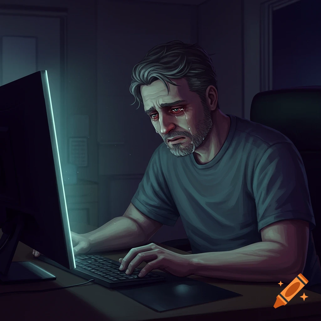 Illustration of a man crying at a computer desk.
