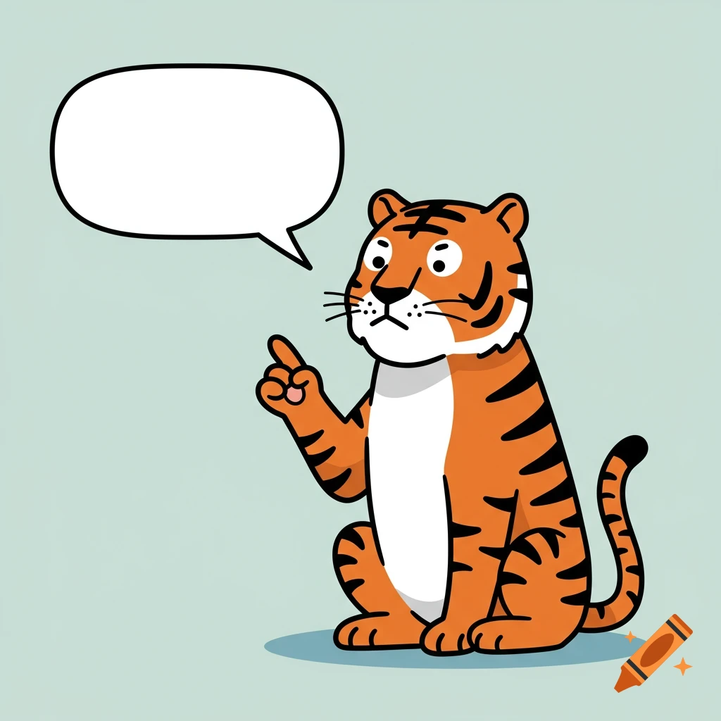 A cartoon tiger sits, pointing a finger up towards an empty speech bubble.