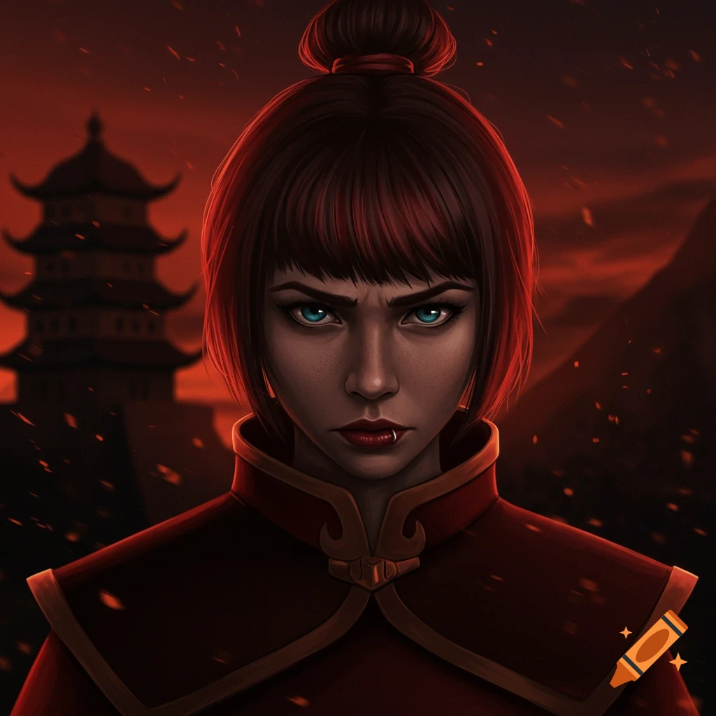 Intense stylized portrait of a woman with dark hair, blue eyes, and a labret piercing, wearing a red outfit against a red sky.