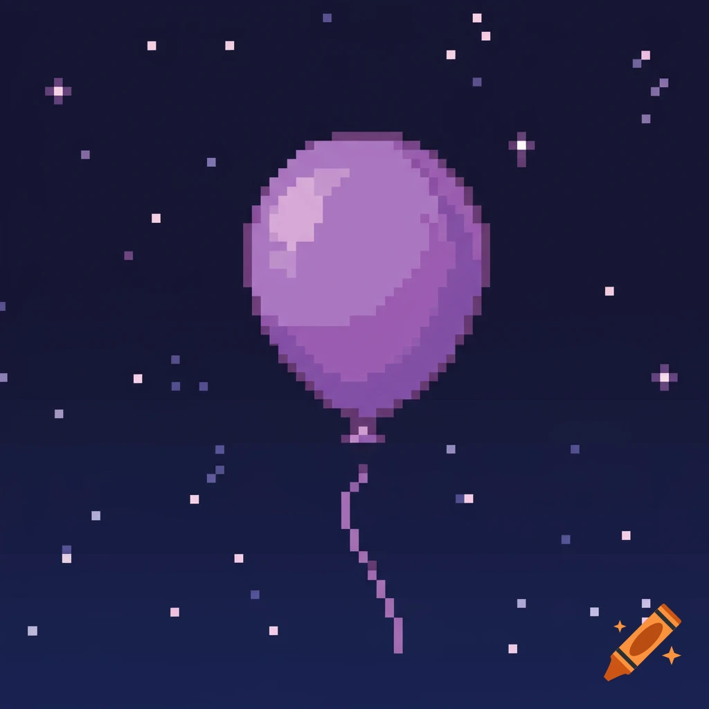 A purple pixel art balloon floats in a starry night sky.