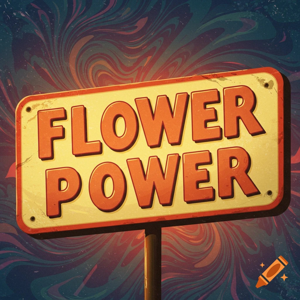 A retro sign reads FLOWER POWER against a swirling psychedelic background.