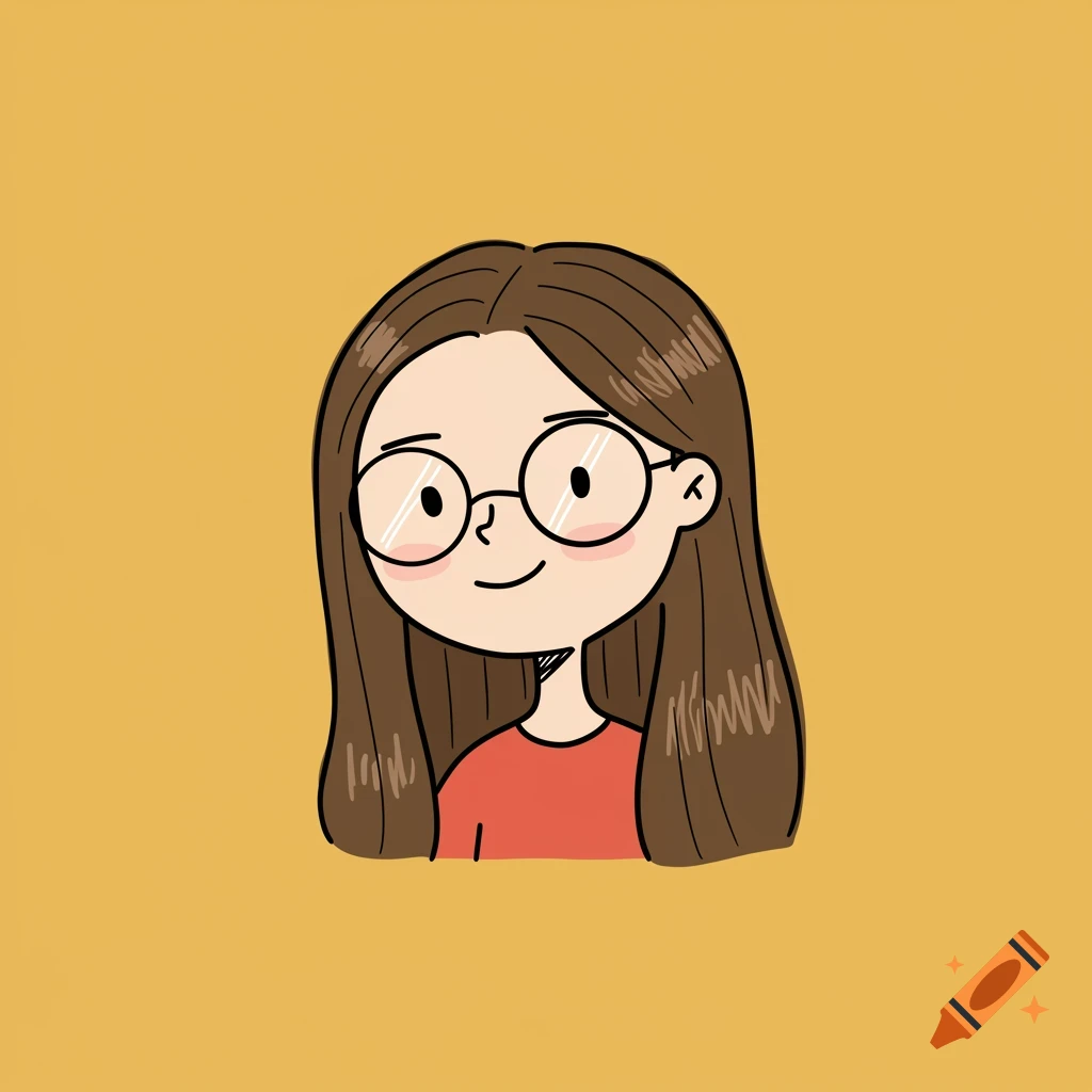 Simple cartoon doodle of a girl with brown hair and glasses on a yellow background