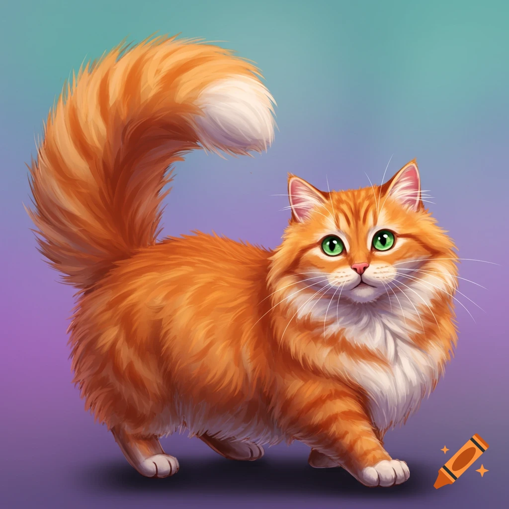 A fluffy orange and white cartoon cat with big green eyes stands on a purple and blue gradient background.