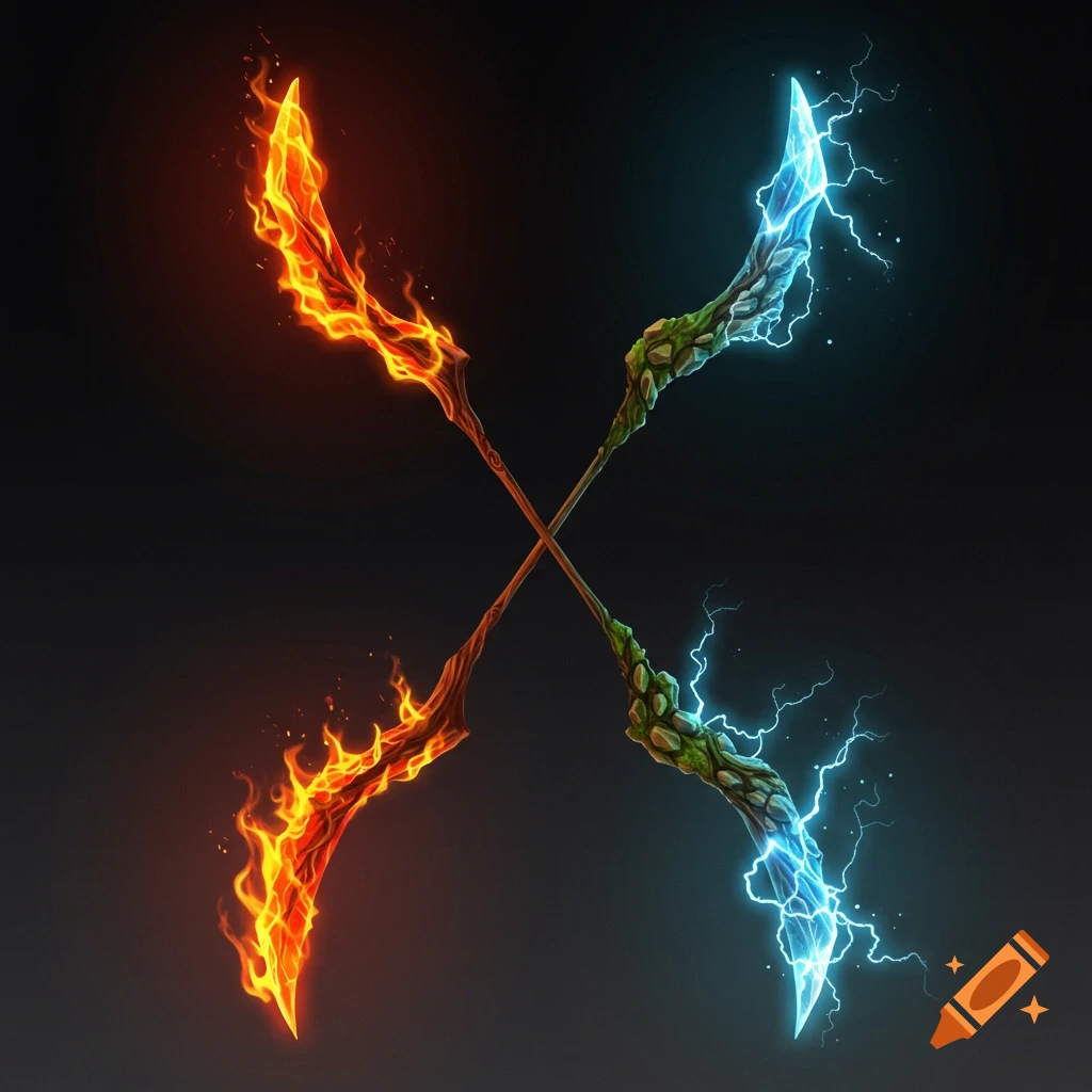 Two crossed fantasy weapons, one burning with fire, the other crackling with lightning.