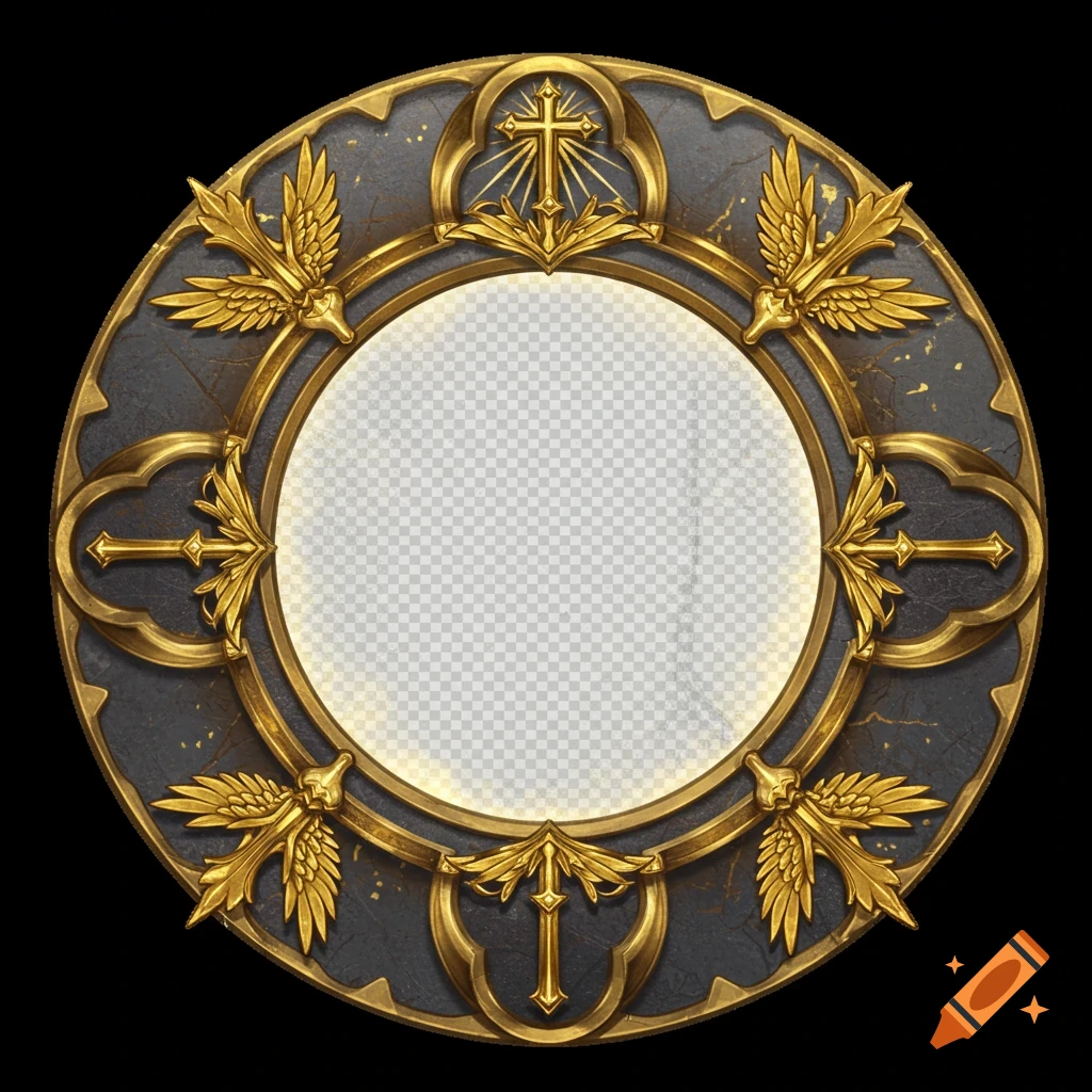 Circular decorative border with gold holy symbols like crosses and wings on a dark background.