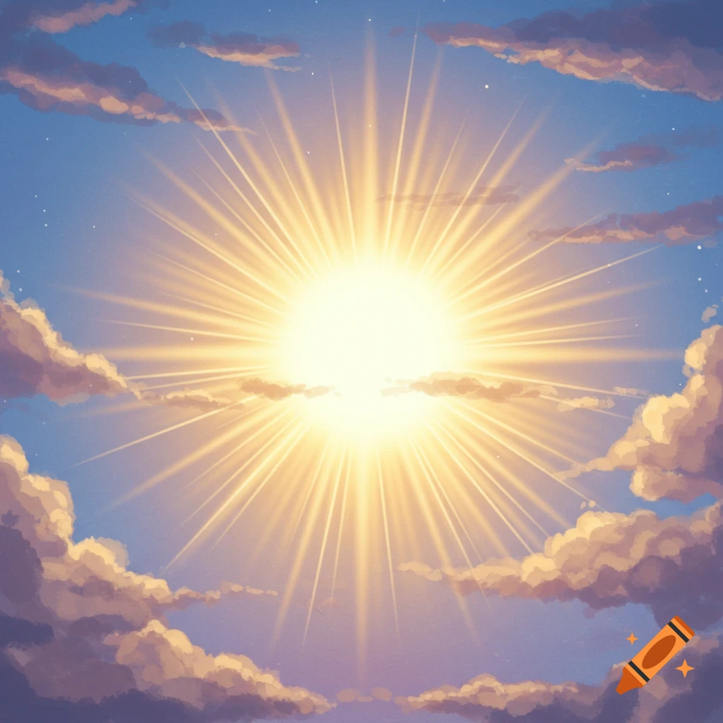 Bright sun shines through clouds in a blue sky.