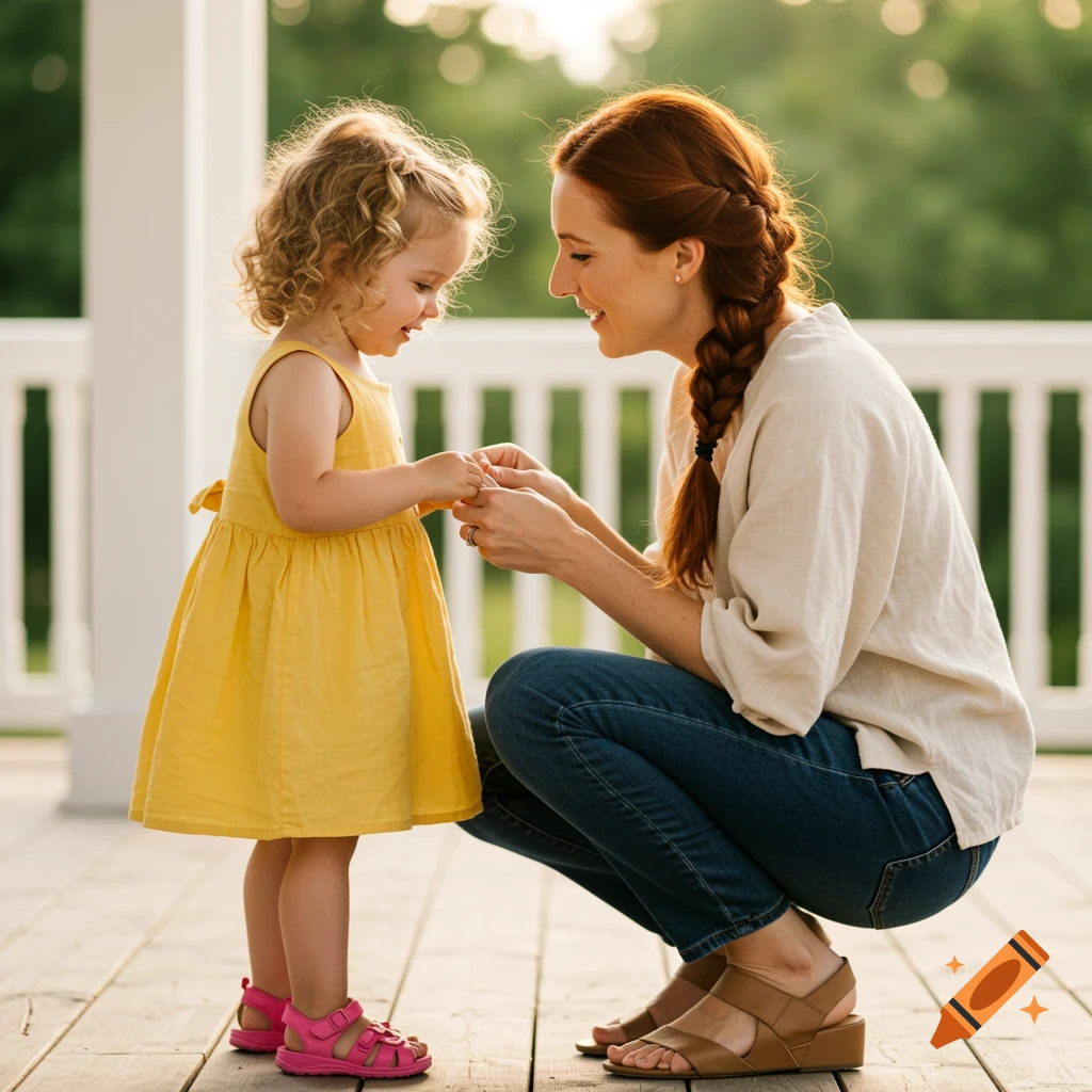 Mother and daughter holding hands on a porch.