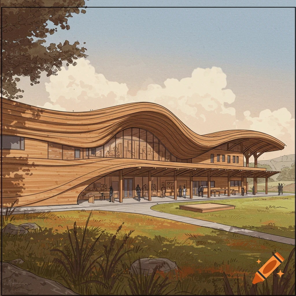 An illustration of an organic modern college building with a wavy wooden roof and glass facade.