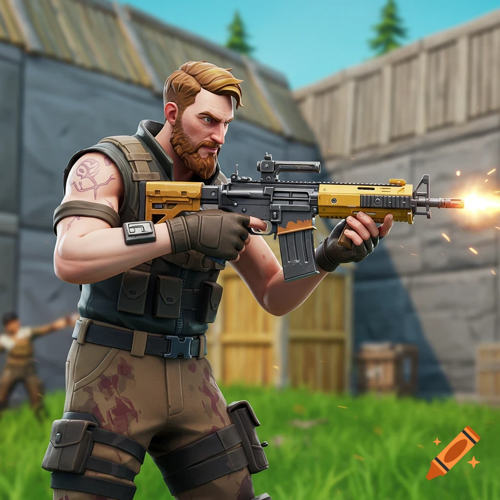 Fortnite character with beard shooting a rifle.