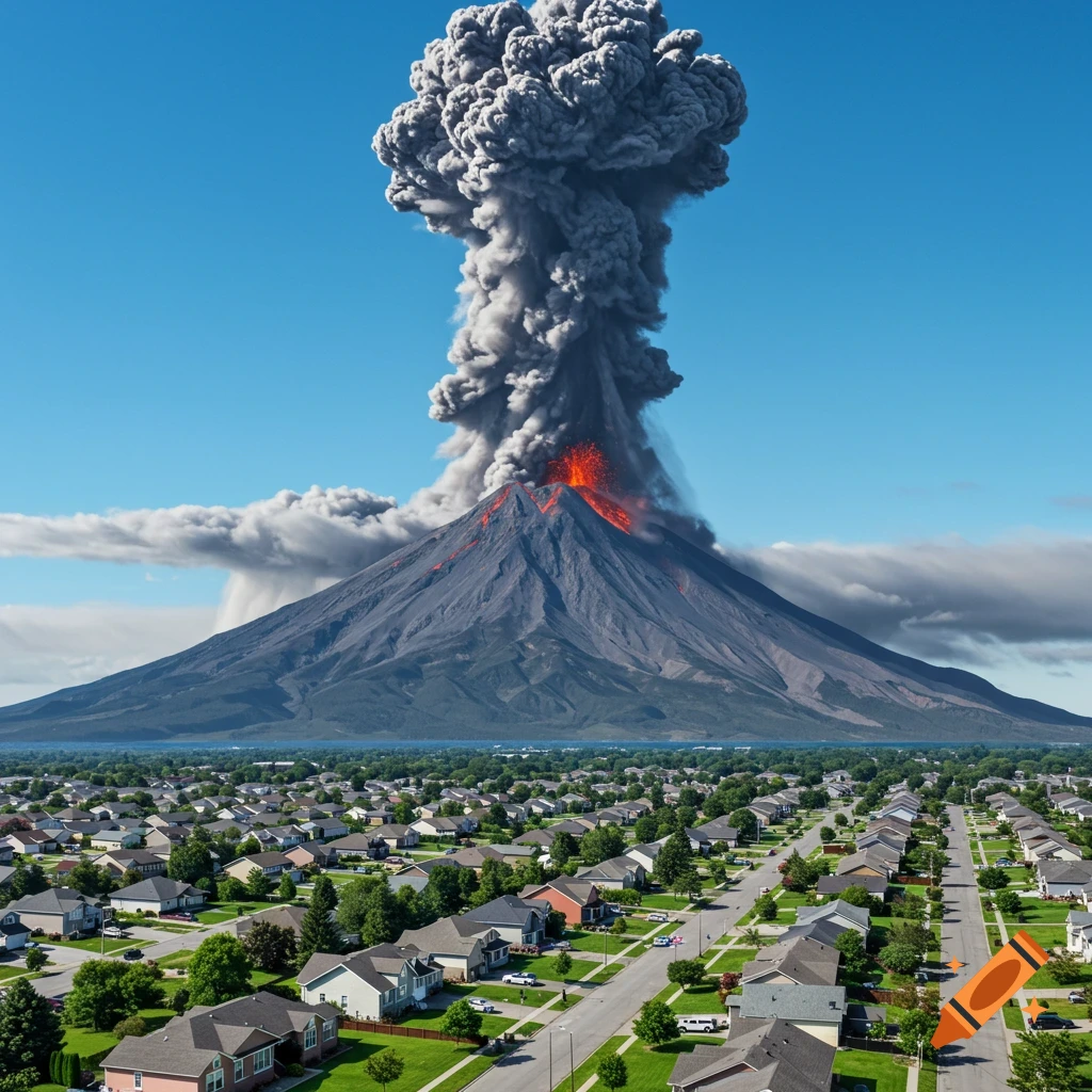 A large volcano erupting smoke and lava over a suburban neighborhood.