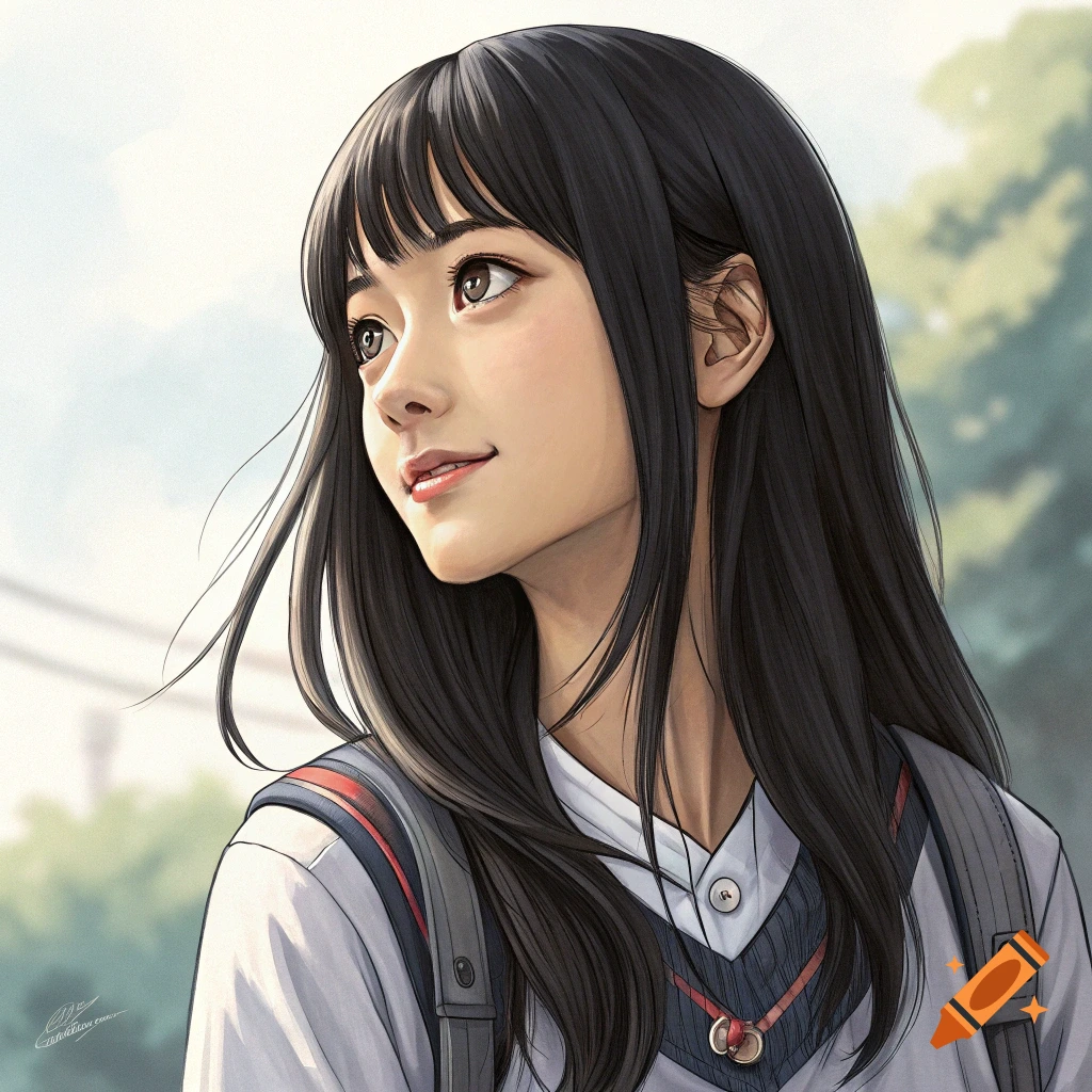 Detailed anime illustration of a young woman with long black hair, wearing a school uniform and backpack, looking up.