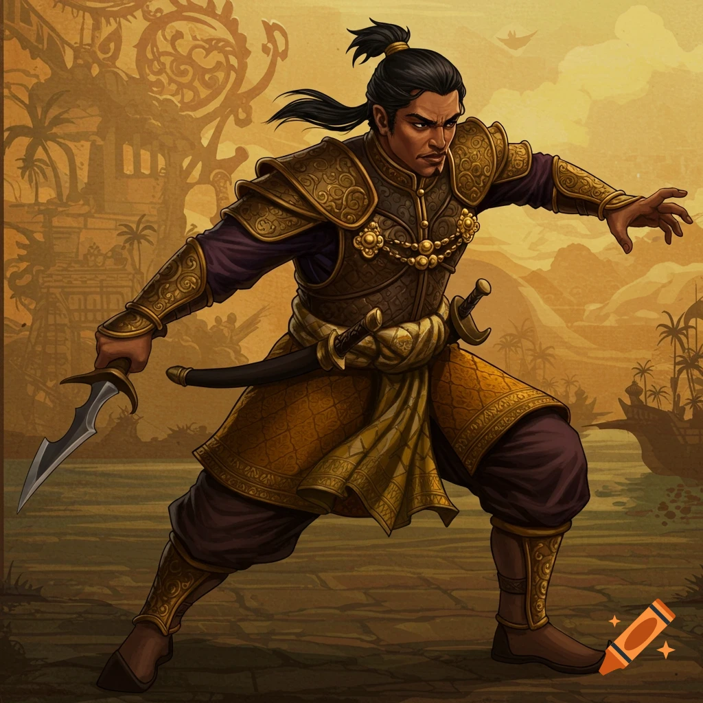 Illustration of a male warrior in ornate armor holding a dagger against a stylized ancient city backdrop.