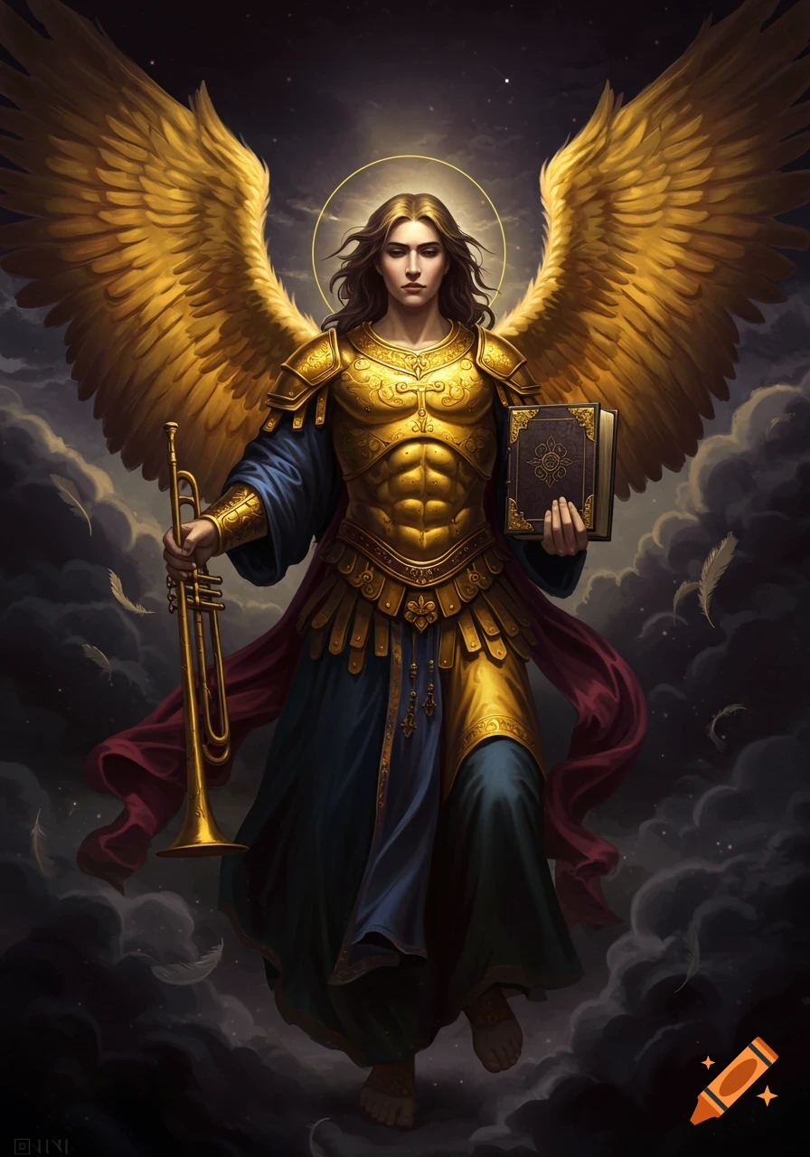 Archangel Gabriel in golden armor and wings holds a trumpet and book, standing on clouds.