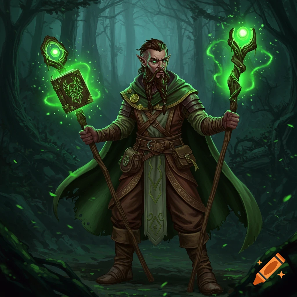 A fantasy character holds two glowing green staffs and a book in a forest, digital illustration.