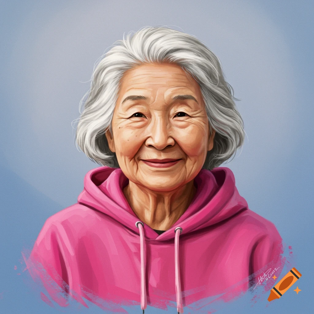 Illustration of a smiling elderly Asian woman with gray hair, wearing a pink hoodie, against a blue background.
