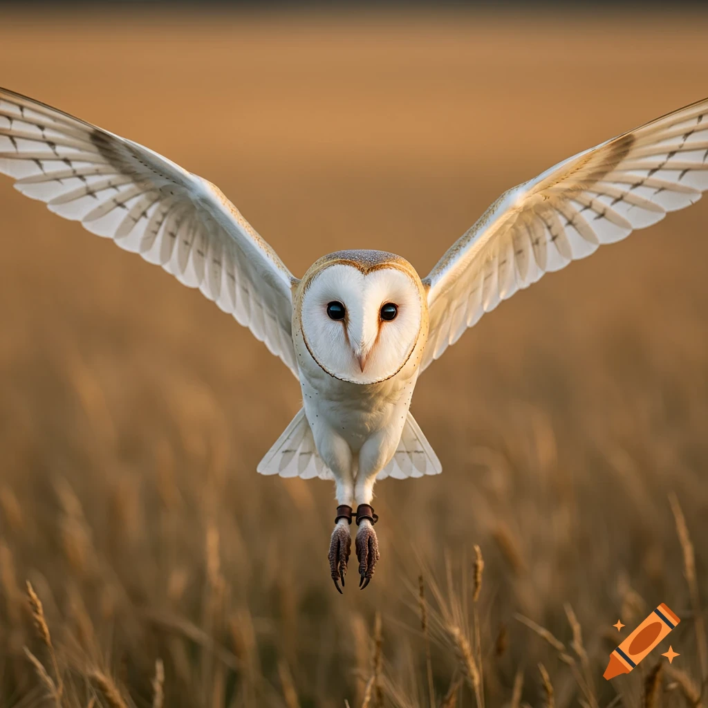 Barn owl flying over a wheat field