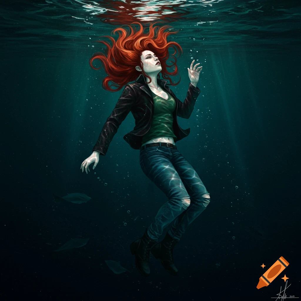 Illustration of a woman with flowing red hair floating underwater in a dark environment.