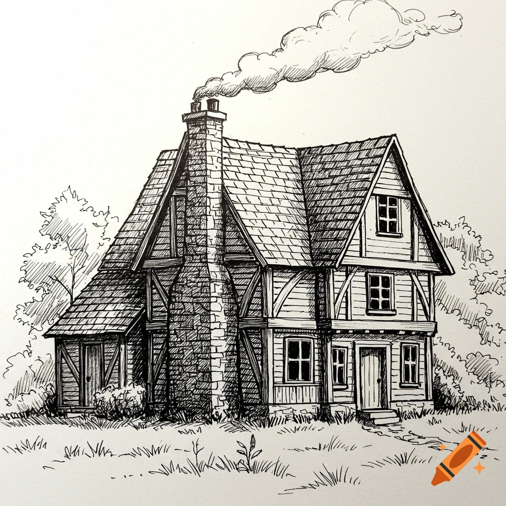 Detailed line drawing of a two-story house with a large chimney, smoke rising, and surrounding trees and grass.