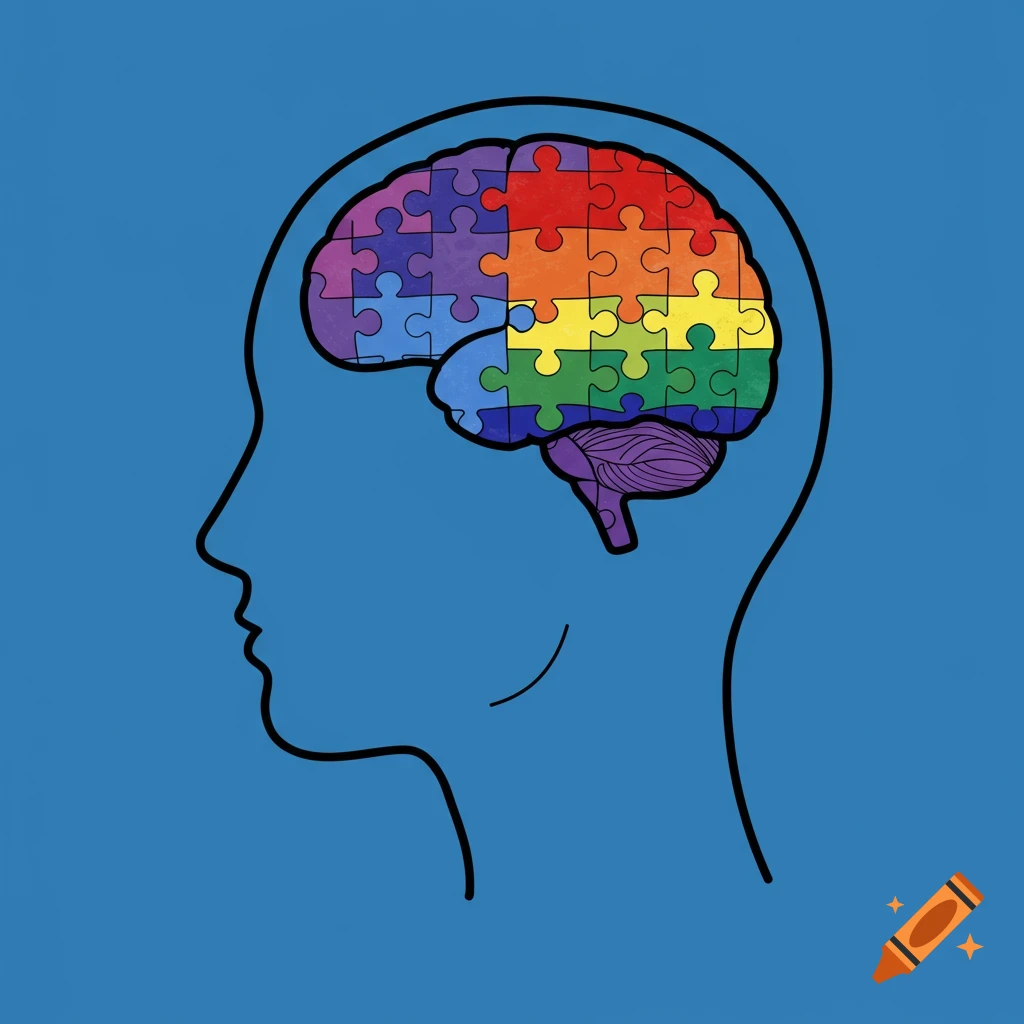 Illustration of a human head in profile on a blue background, with the brain depicted as a rainbow-colored puzzle.