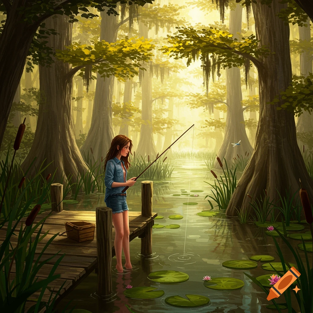An illustration of a girl fishing from a dock in a sunny bayou.