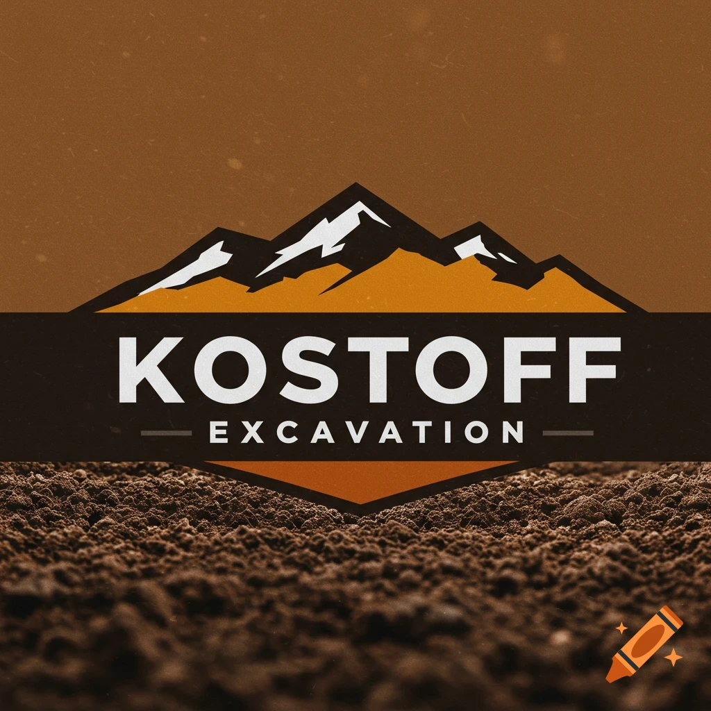 Logo for Kostoff Excavation featuring mountains and dirt on an earth-toned background.