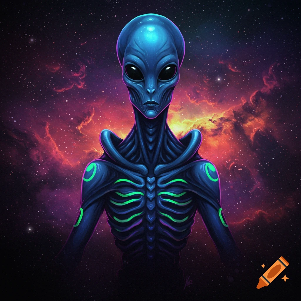 A stylized blue alien bust against a colorful purple and orange nebula.