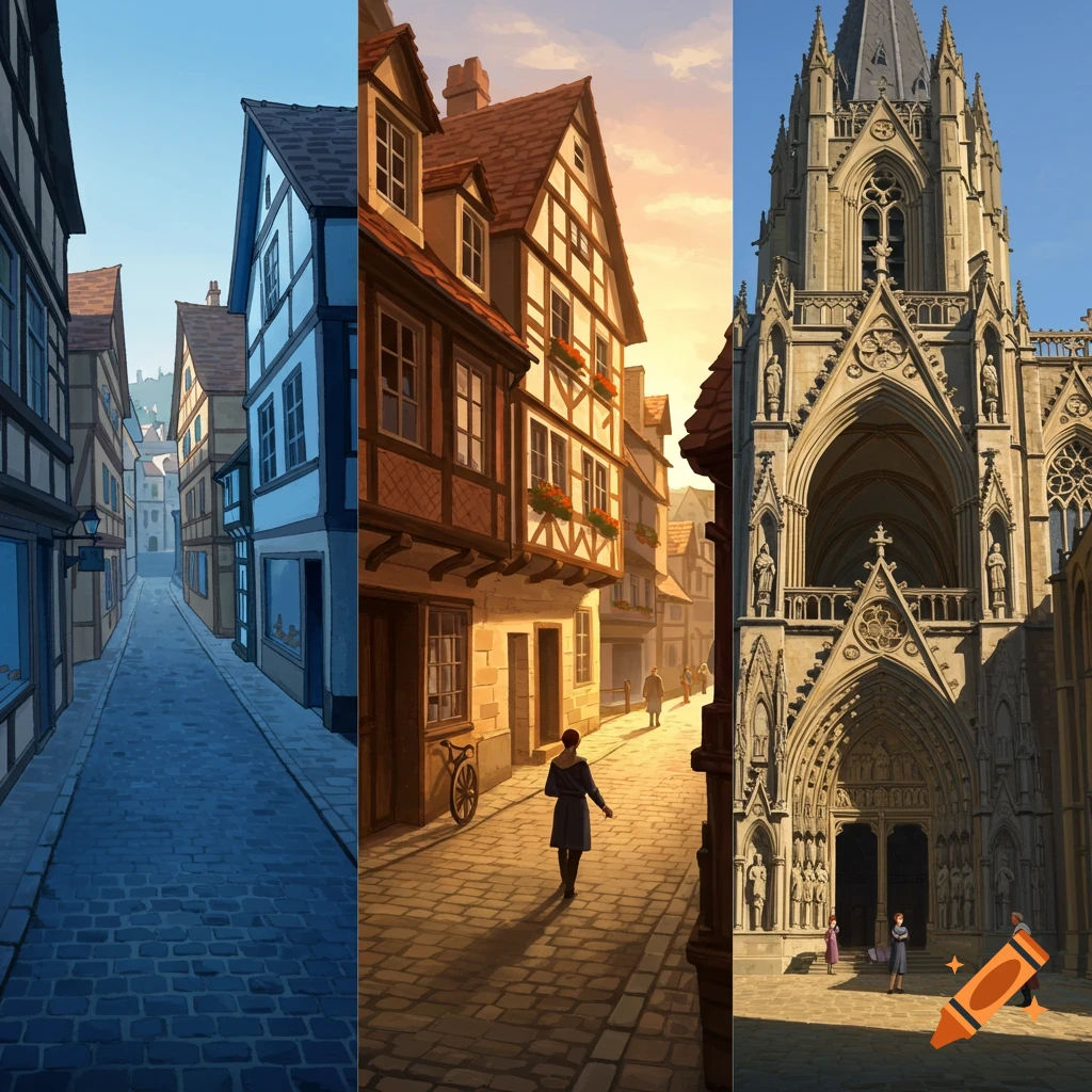 An illustrative triptych showing streets and a cathedral facade in different perspectives and lighting.