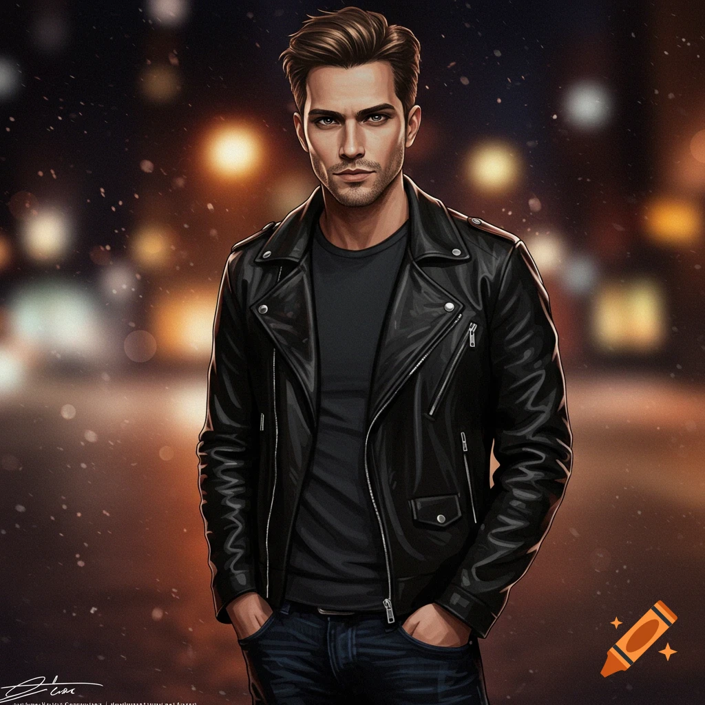 Illustrated portrait of a man in a leather jacket standing against a blurry night city background.