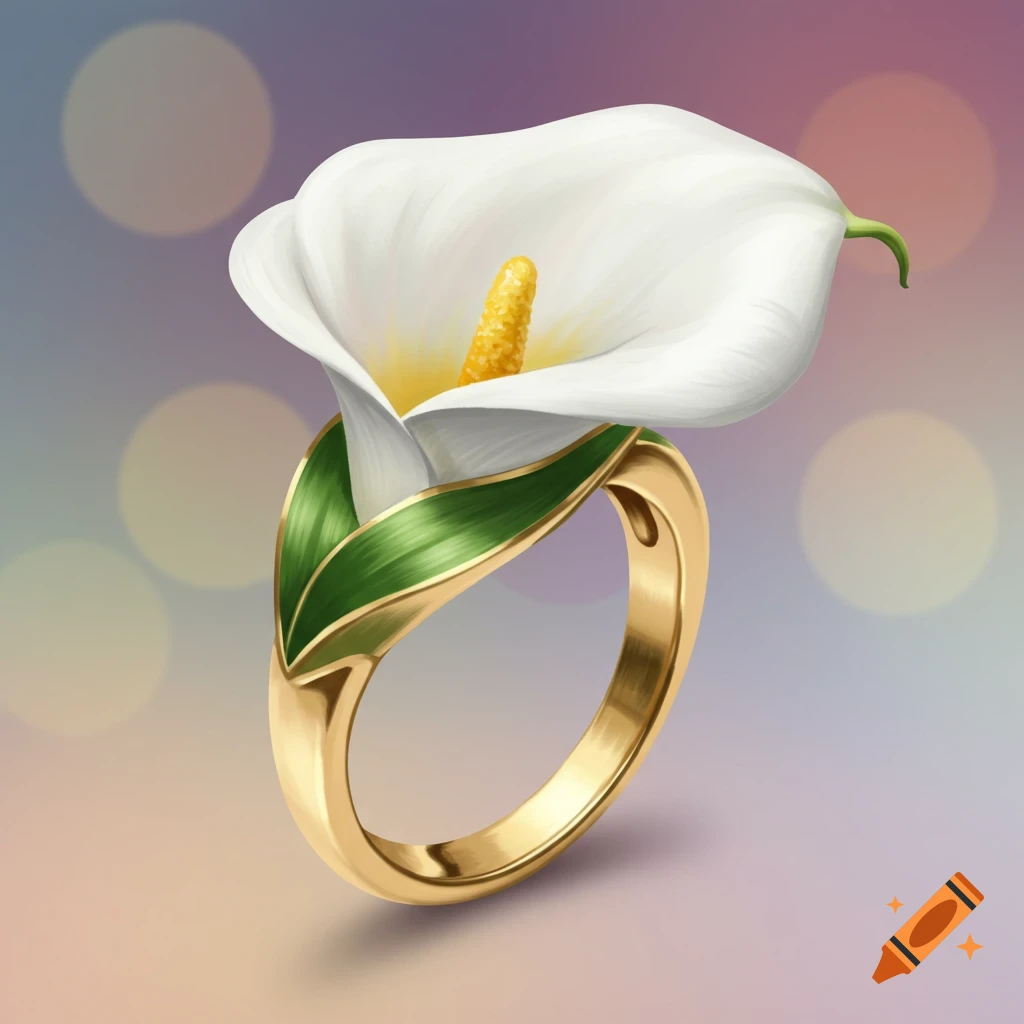 A gold ring with a white calla lily flower