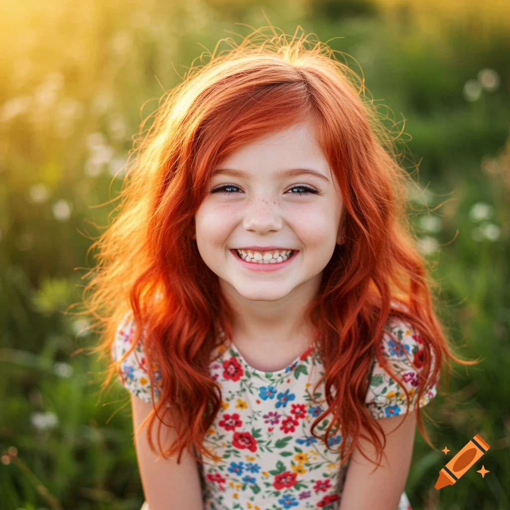 A young girl with red hair and freckles smiles in a sunny field.