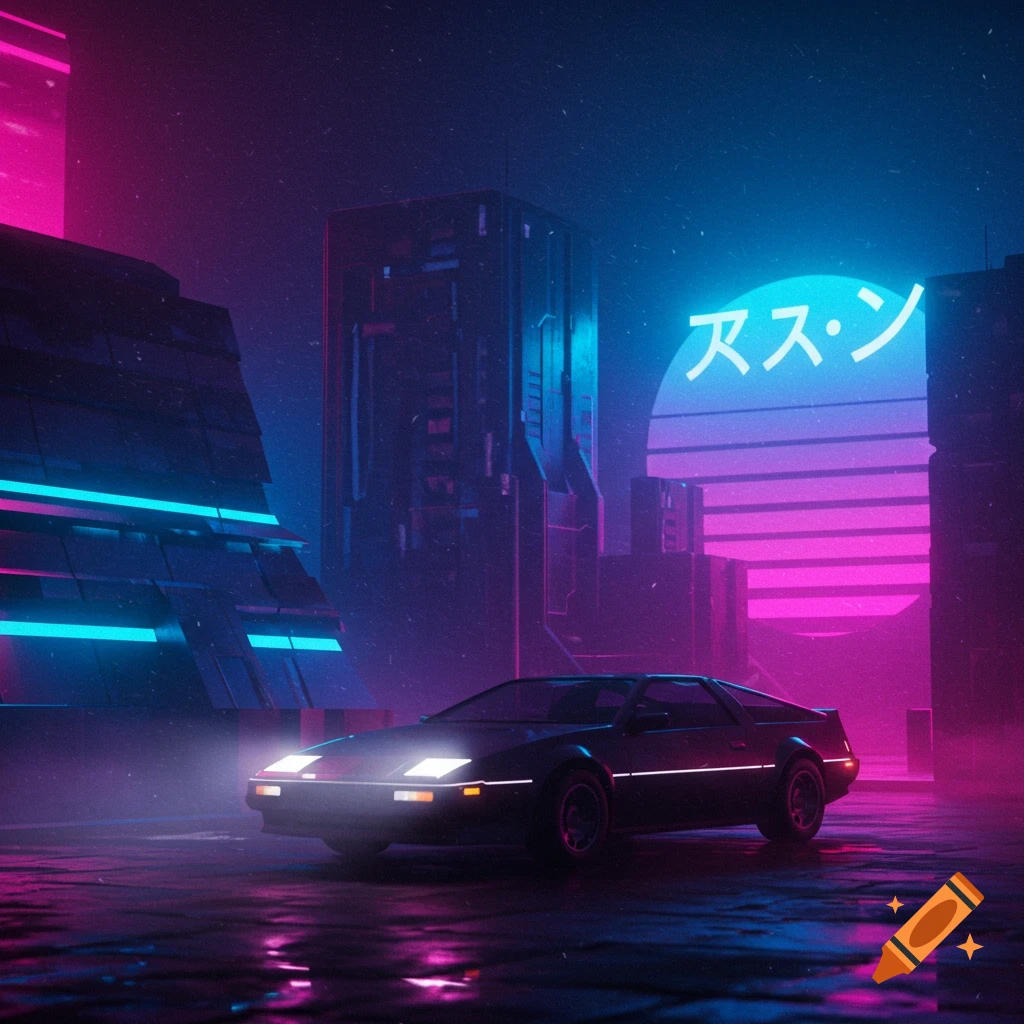 Dark retrowave cityscape with a car on a wet street under neon lights.