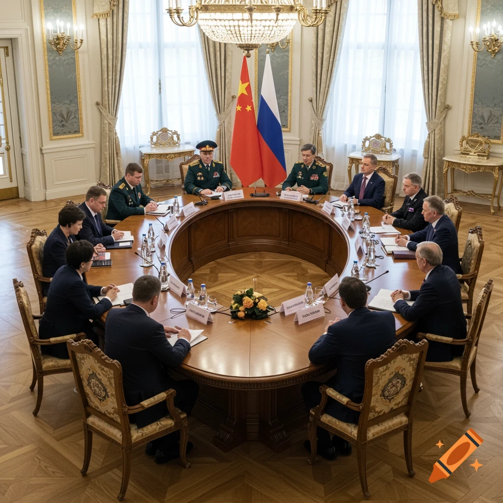 People sit around a large table with China and Russia flags in the background during a meeting.