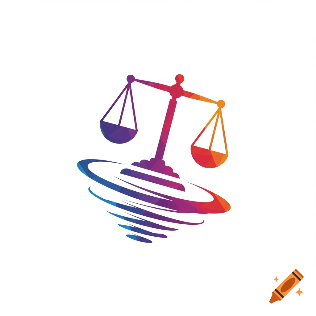 Logo of colorful justice scales balancing on a spinning spiral.