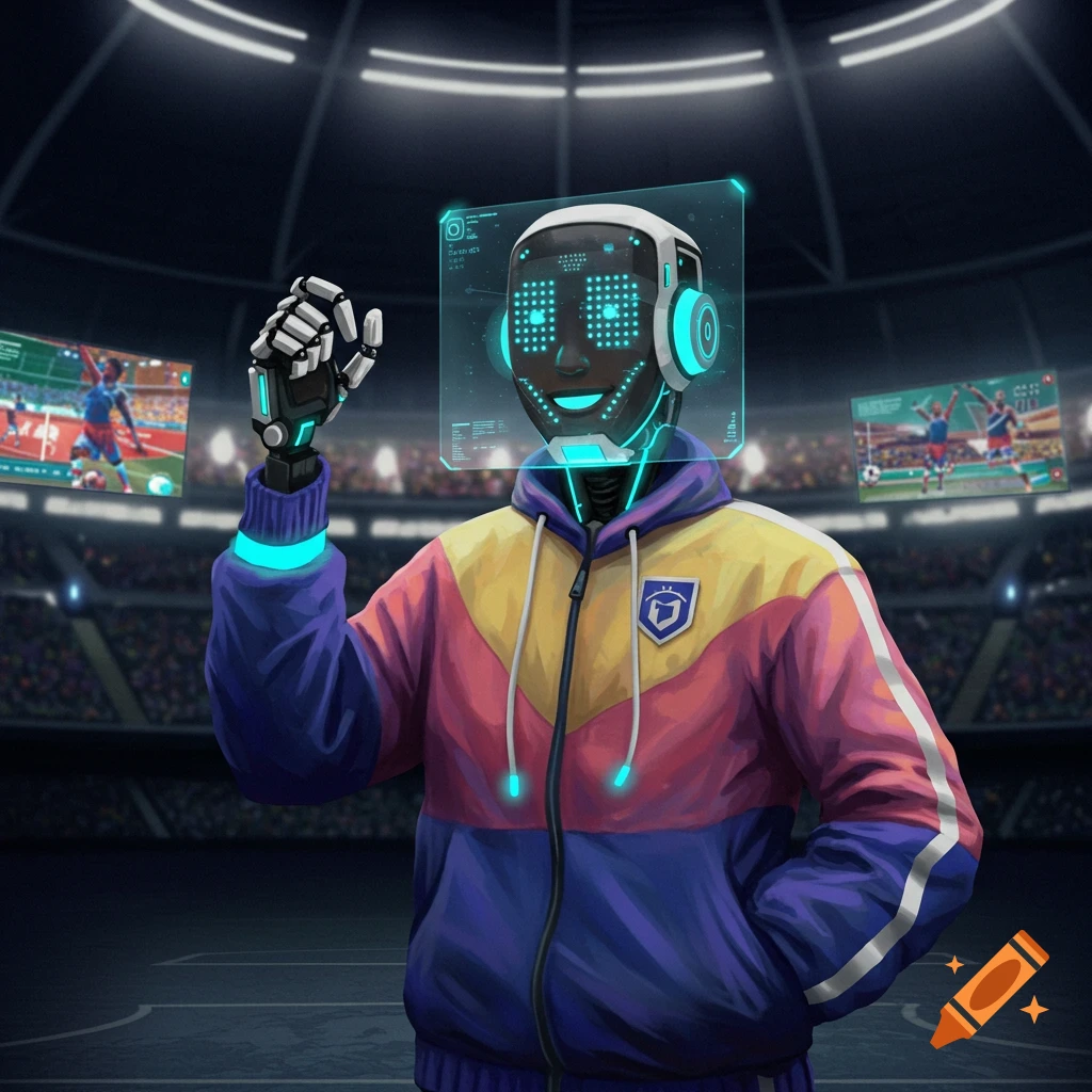 An AI sports coach with a holographic face display stands in a stadium with soccer screens.
