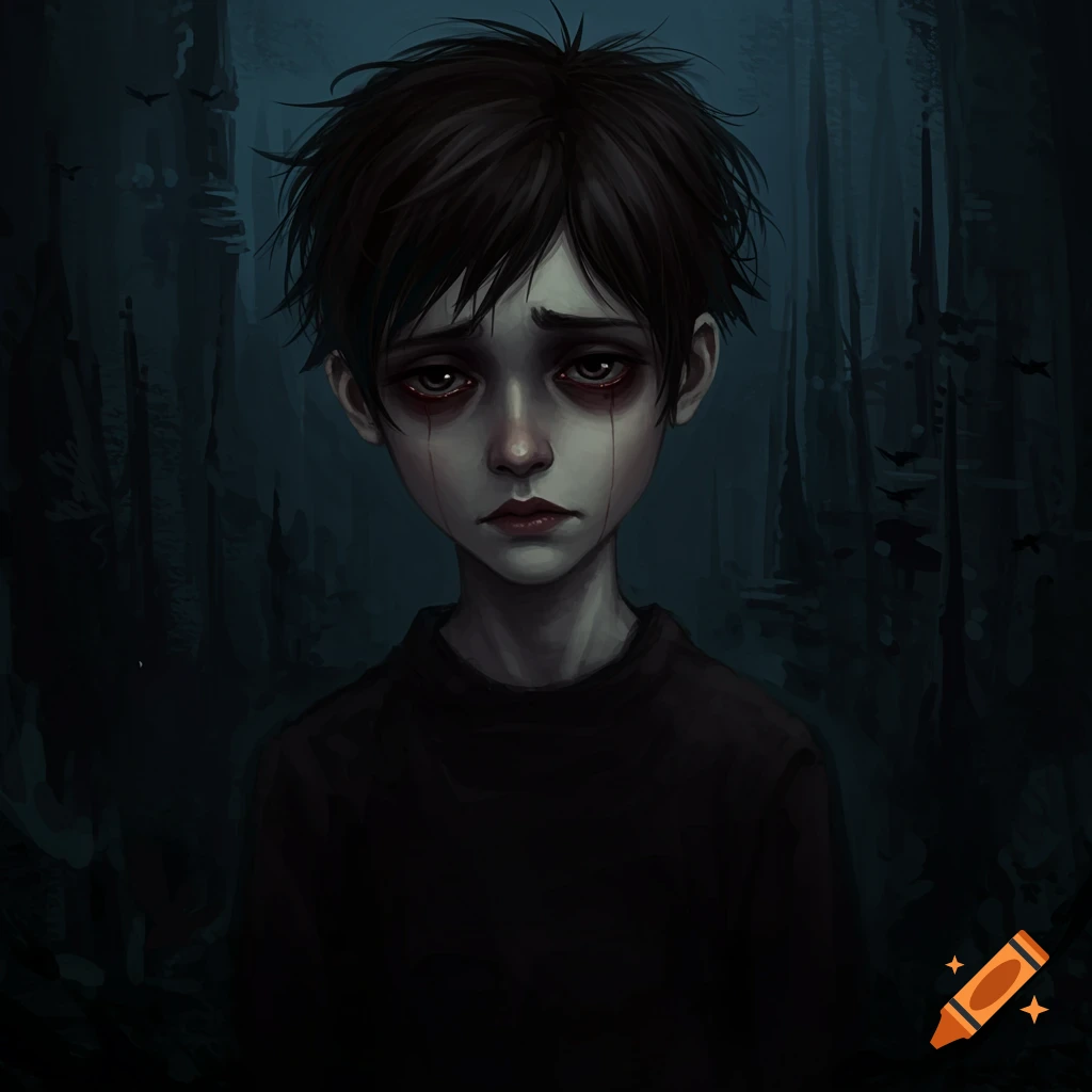 A sad boy with dark circles and red streaks under his eyes, standing in a dark forest.
