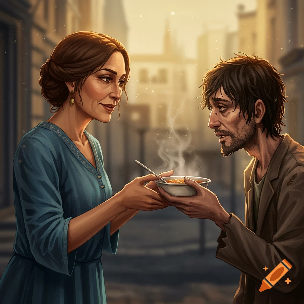 An illustration of a woman giving a bowl of soup to a homeless man on a street.