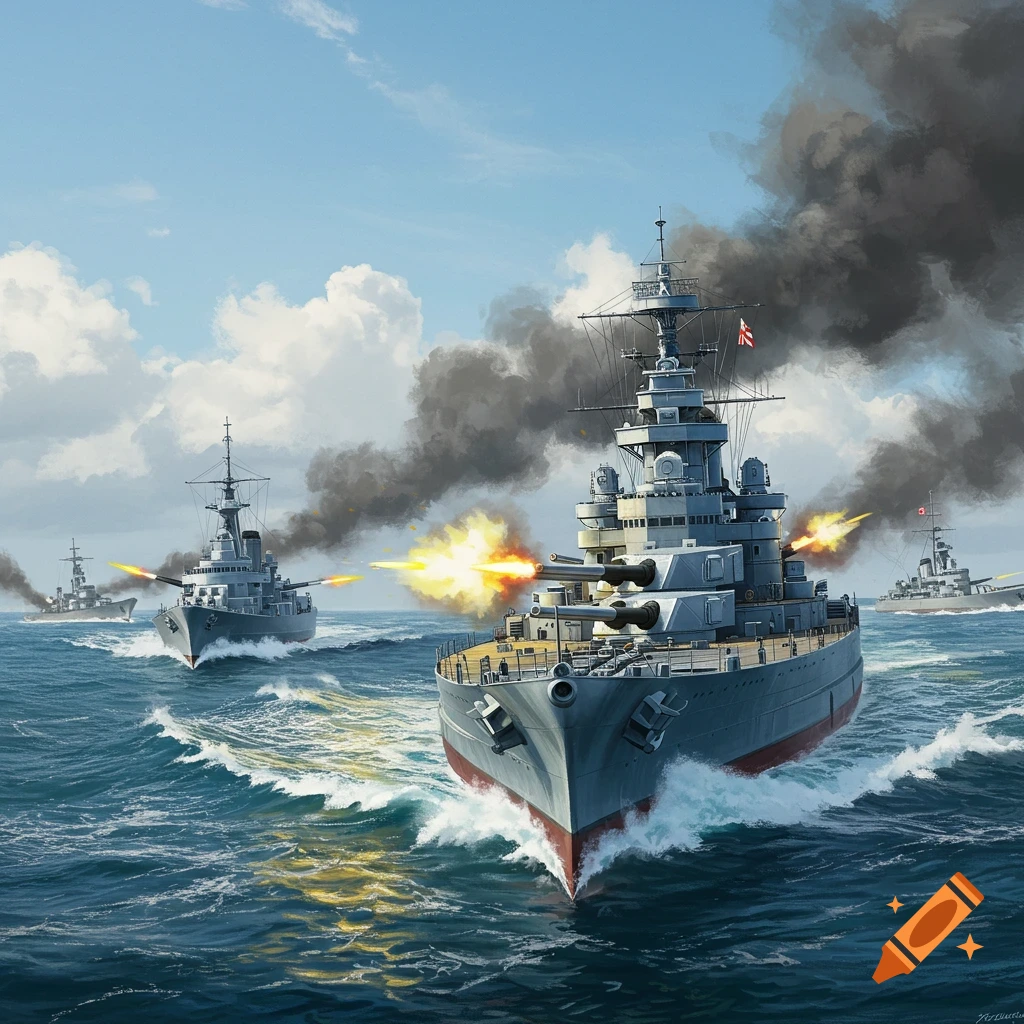 Several battleships firing their guns in a naval battle on choppy seas.