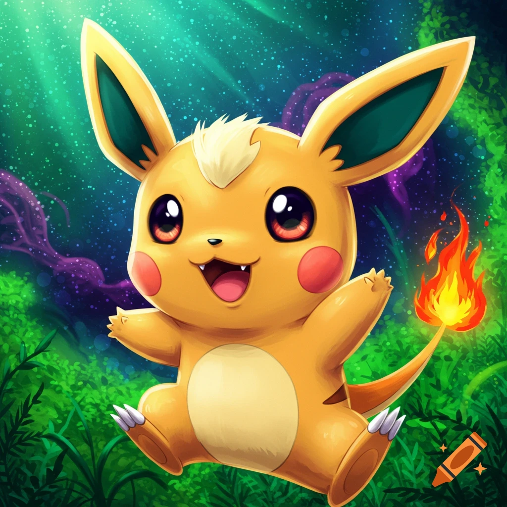 A cute, happy yellow anime creature with a fire tail in a forest.