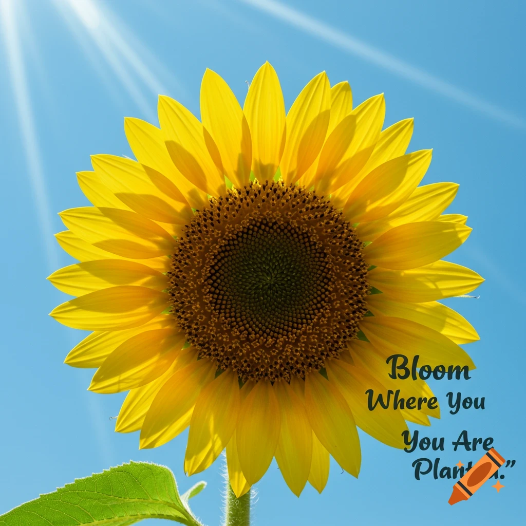 A close-up photo of a bright yellow sunflower against a blue sky with sun rays. The text "Bloom Where You Are Planted." is overlaid on the right.
