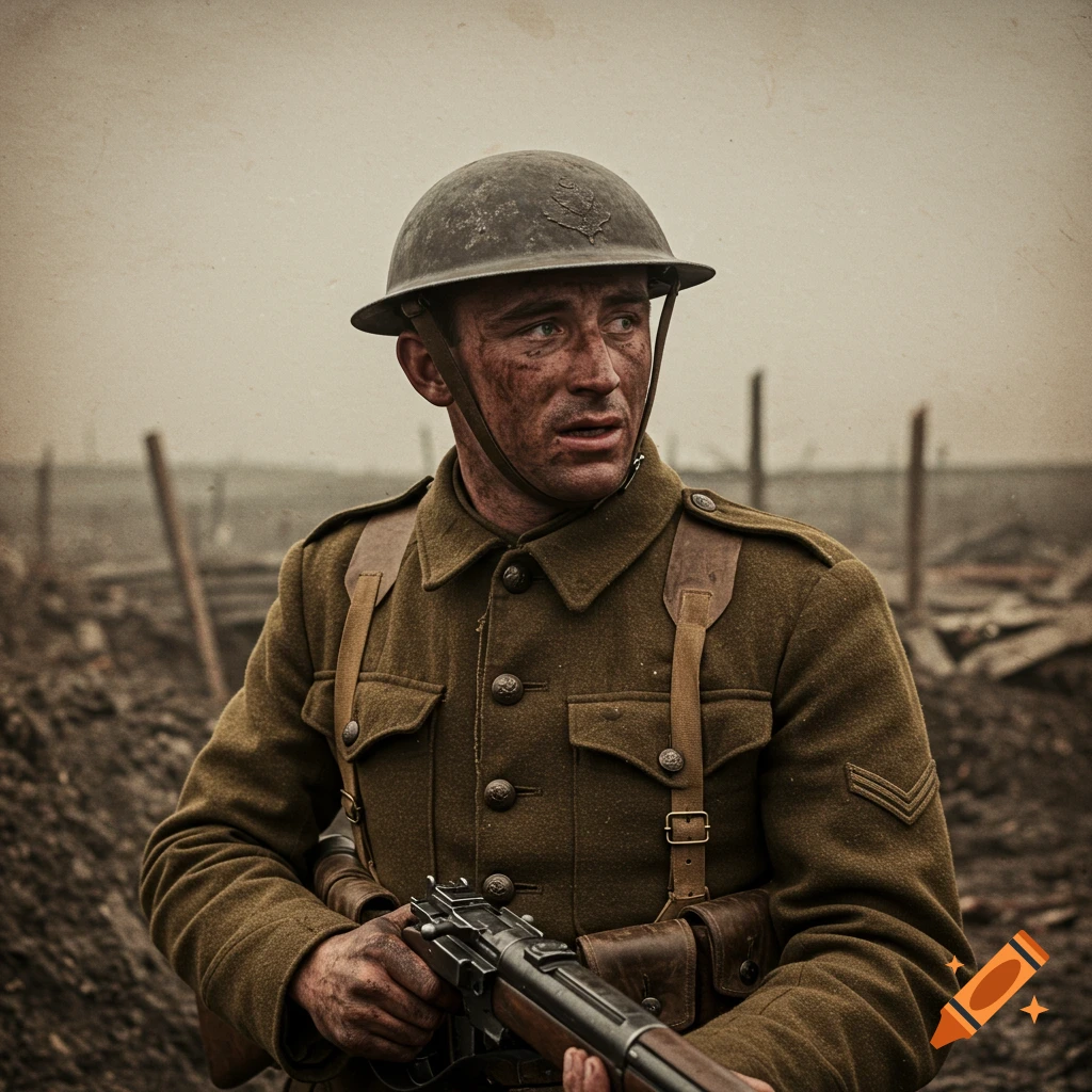 A WWI soldier with a dirty face holding a rifle in a trench.