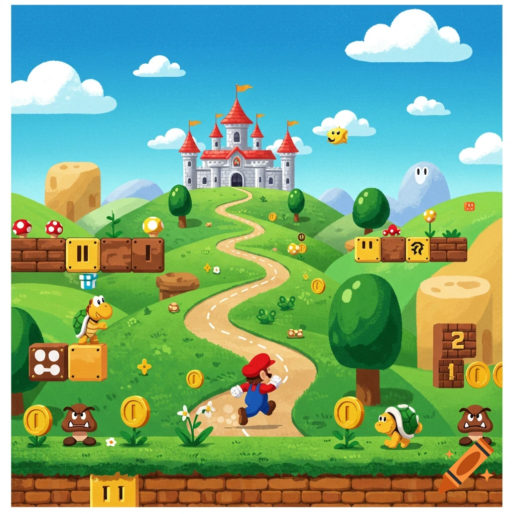 Cartoon Super Mario level with Mario running past goombas, koopa, blocks, coins, and a castle.