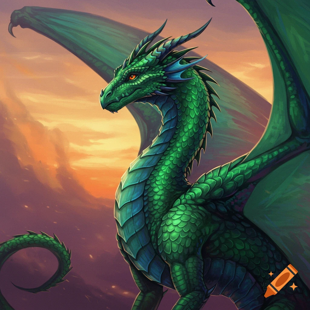 Close up of a green dragon against an orange sunset sky