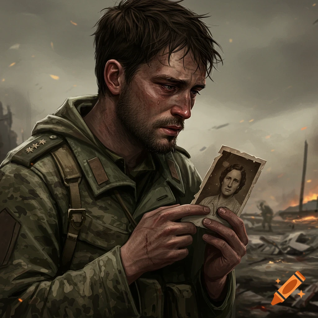 Sad soldier in camouflage uniform holds a small photo of a woman in a ruined war-torn landscape. Illustration.