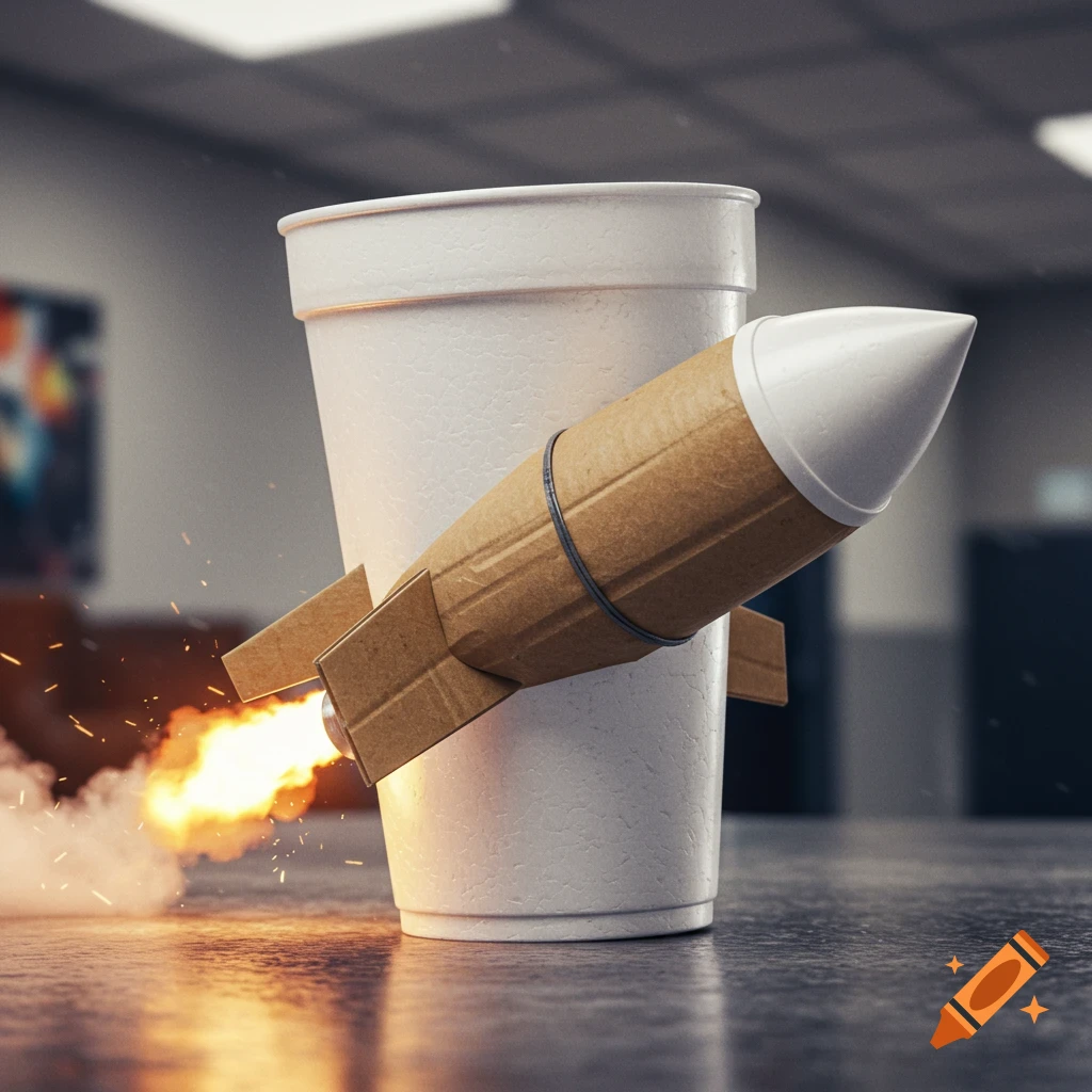A photorealistic image of a styrofoam cup with a cardboard rocket attached, blasting off a concrete table.