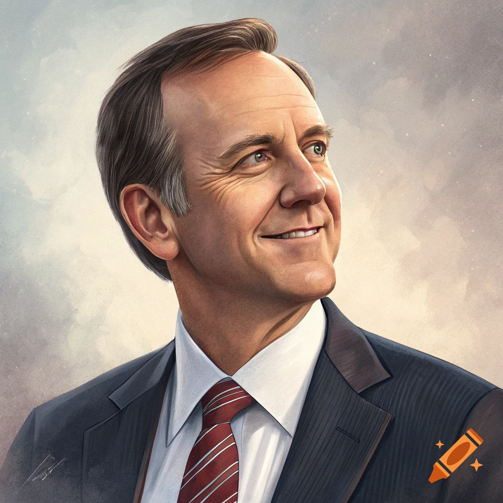 Realistic portrait of a smiling man in a suit looking up