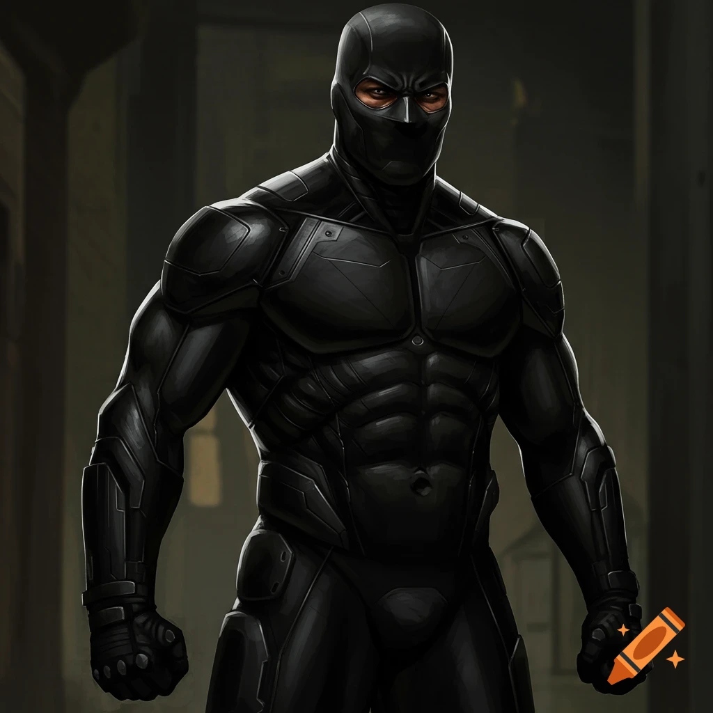 A man in a dark black superhero suit and mask stands with clenched fists.