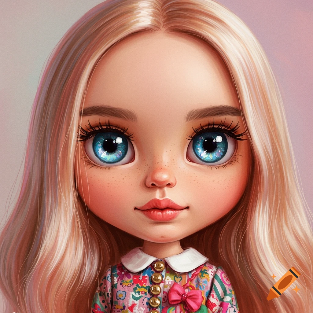 Close-up illustration of a stylized doll with blonde hair and large blue eyes wearing a floral dress.