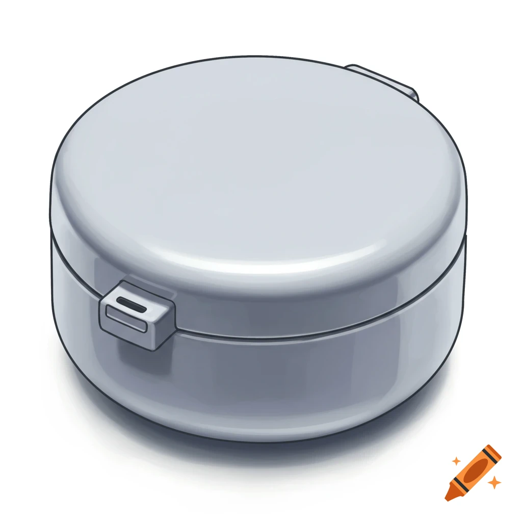 A round light grey container with clasps, illustrated on a white background.