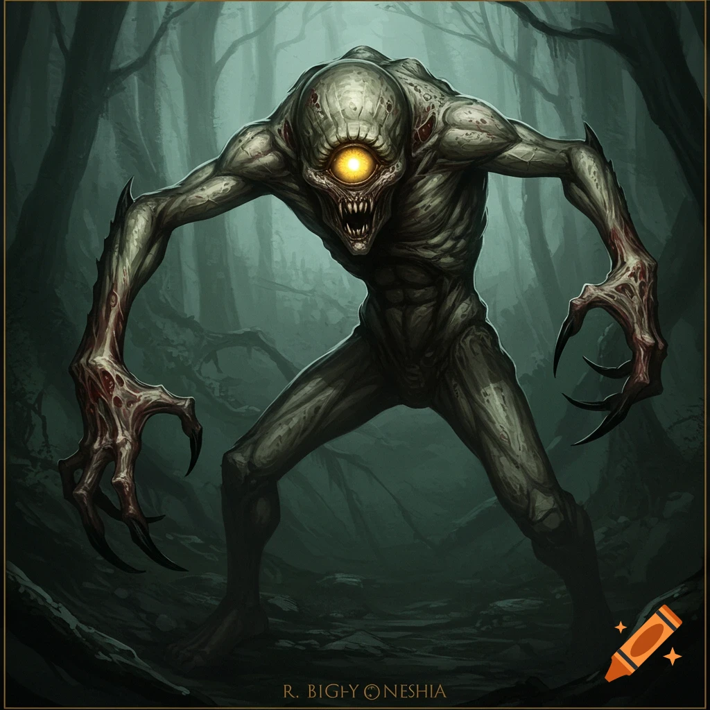 A scary, one-eyed monster with long claws stands in a dark forest. Illustration.